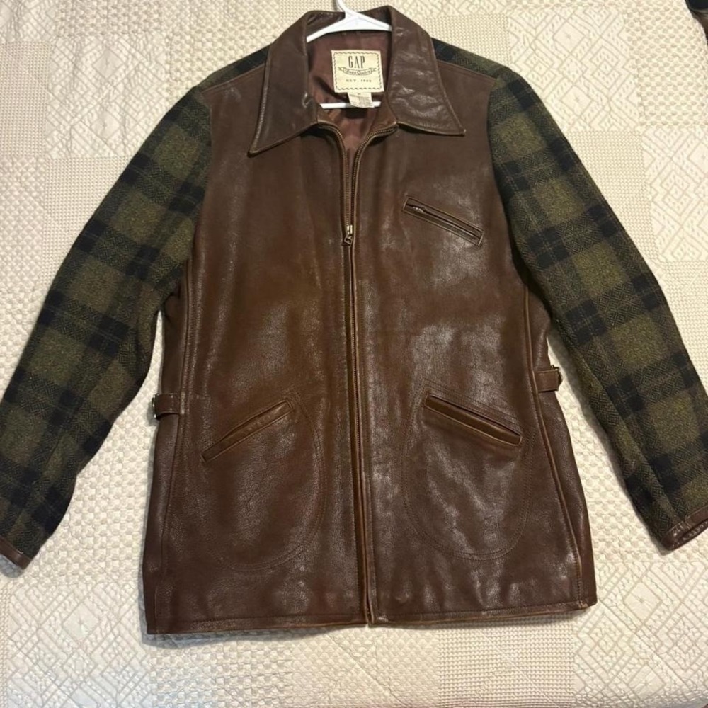 Rare 90s Gap Green and Brown Leather/Wool Jacket, Medium